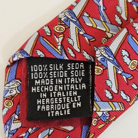 Beaufort Tie Rack Silk Tie Italy Red Multicolor Airplanes Clouds AOP W3.75 L59.5 - Picture 10 of 16